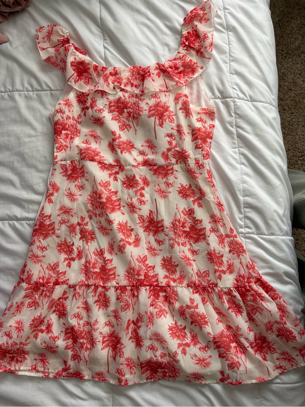 Girls Floral Ruffle Sundress - Cream with Red Floral Print